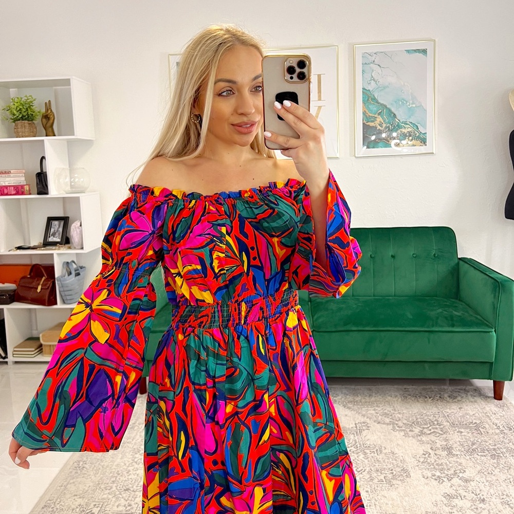 🆕#168-SUGARLIPS DRESS, Rainbow Tropics Off the Shoulder Bell Sleeve Midi Size M - Picture 2 of 13